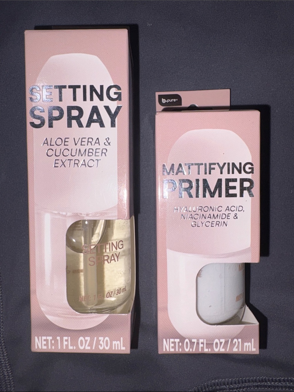 B.pure - Setting Spray (1 fl oz) & Mattifying Primer 7floz Duo - Glass bottles